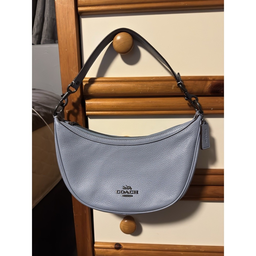 Coach Light Blue Pebbled Crescent Shoulder Bag with Detachable Strap, Logo
